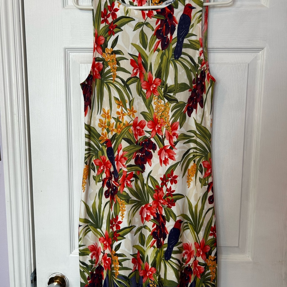 Tommy Bahama White Midi Dress with Red Floral and Green Leaf Print